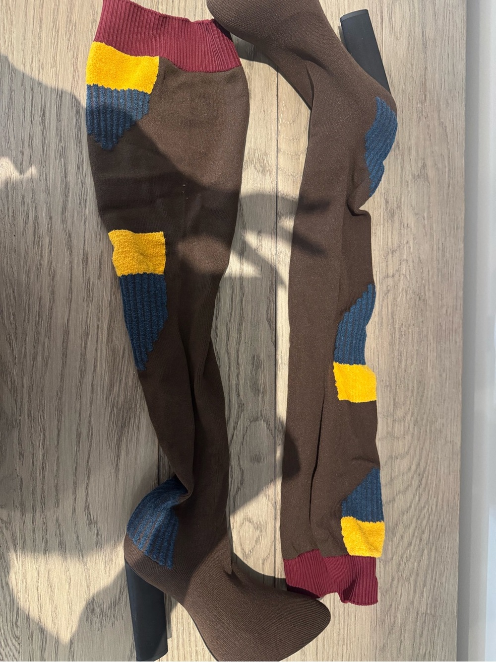 Yeezy Season 3Brown Heeled Knee-High Boots with Mustard, Navy & Burgundy Accents